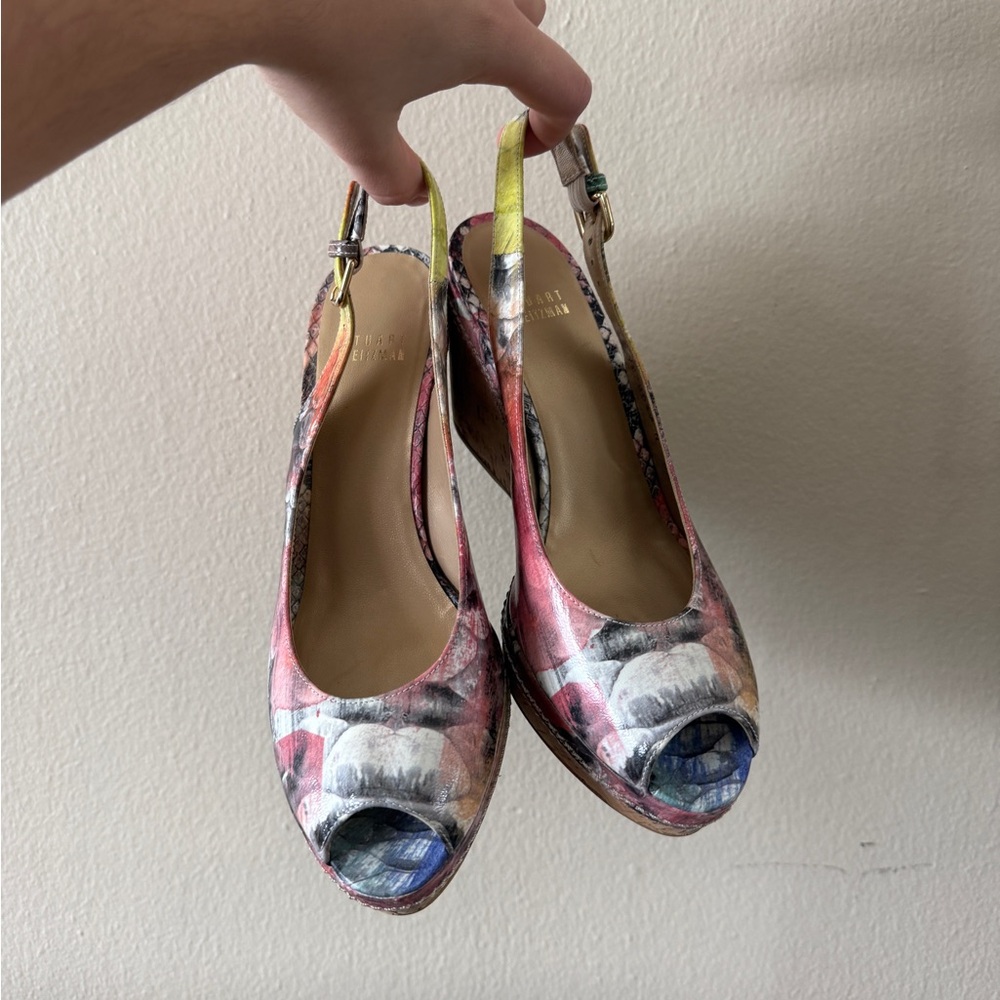 Stuart Weitzman Colorful Snakeskin Peep Toe Slingback Cork Wedges size 8.5 - Picture 7 of 10